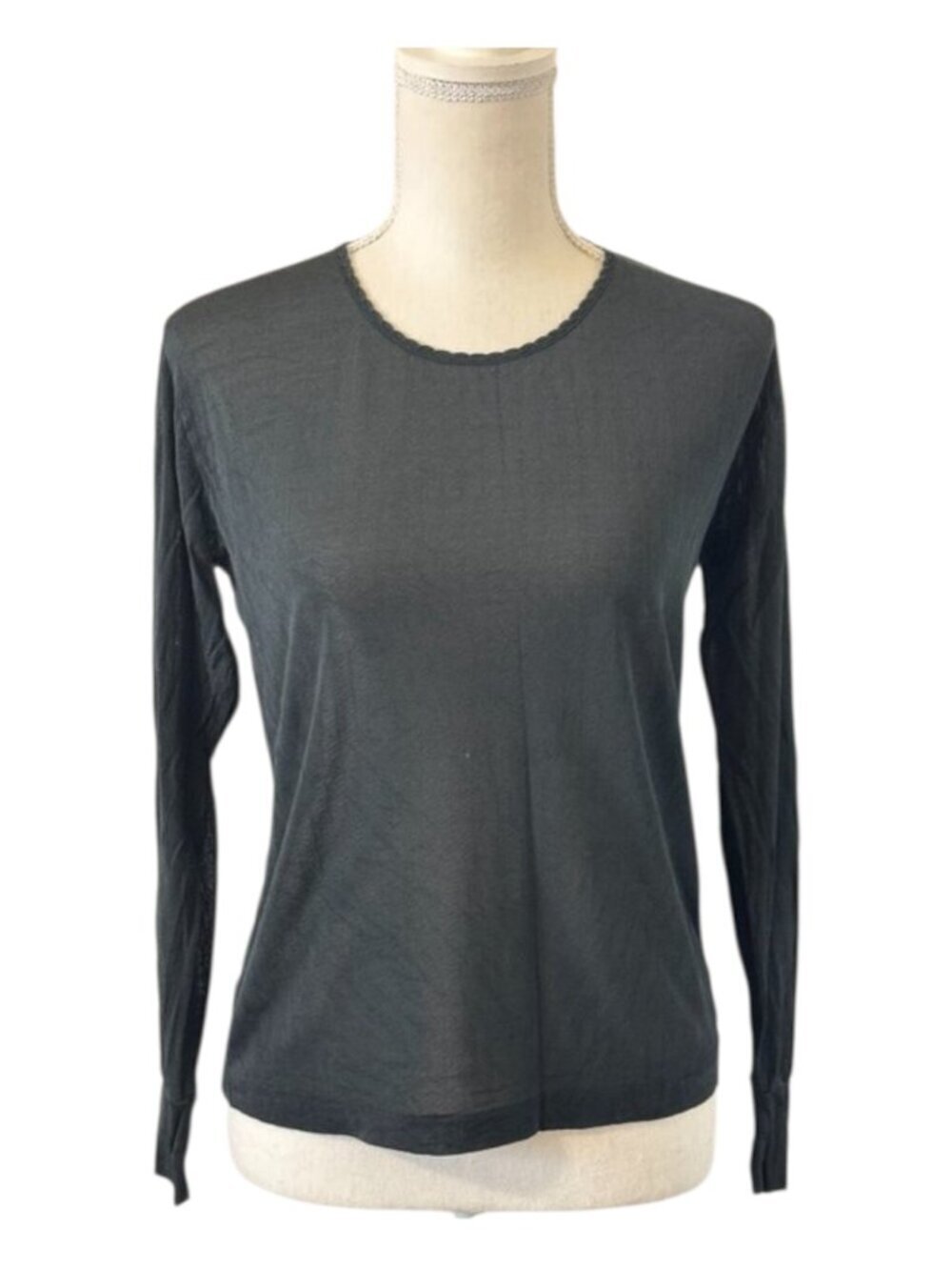 100% Pure Filament Silk Blouse Women's Size Small Black Long Sleeve Pointelle